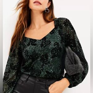 LOFT | emerald forestgreen sequin square neck line & vneck specialoccasion topM